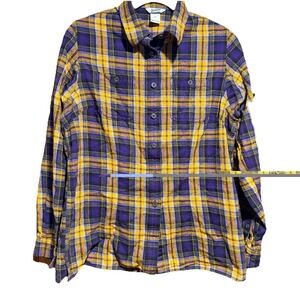 Duluth Trading Co Women's Free Swingin Flannel Medium Shirt Purple Yellow